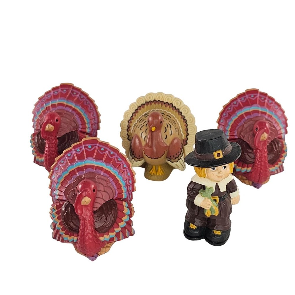 Vintage Hallmark Plastic Turkey Pilgrim Figurines Thanksgiving Decor Miniatures